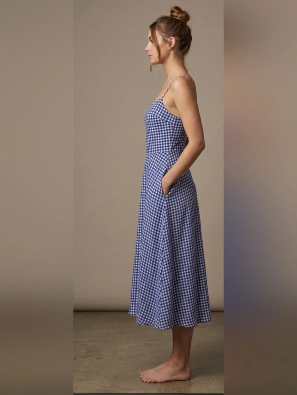 Privacy Please Blue Gingham Midi Dress Lace Up Back Pockets Medium